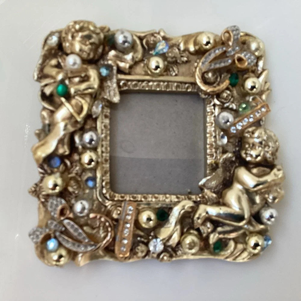Gold jeweled angel picture frame 4x4 bows and rhinestones great gift idea